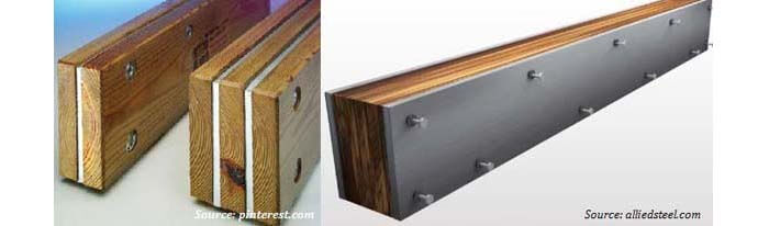 example of composite beam: wooden beam covered in steel plates